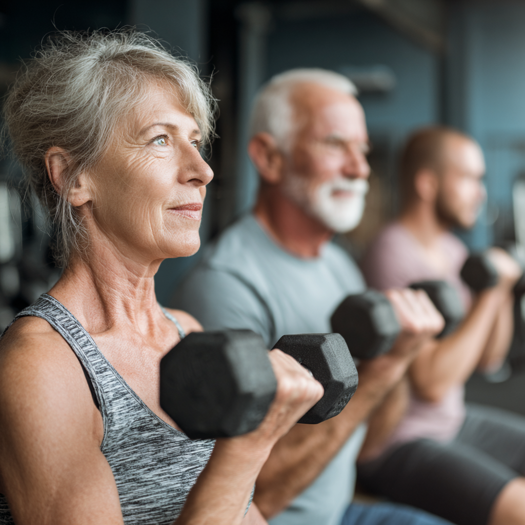 Mature adults participating in strength training workout session
