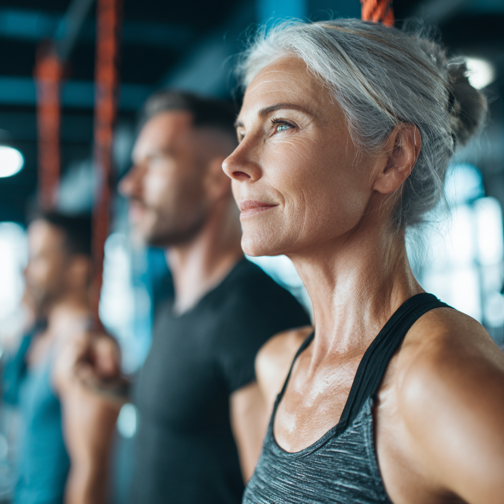 Middle-aged adults engaged in functional fitness training in modern gym environment